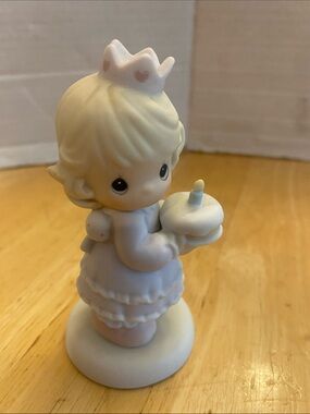 Precious Moments Pastel Figurine Girl Holding Cake, Birthday Wishes abt 3.75 in